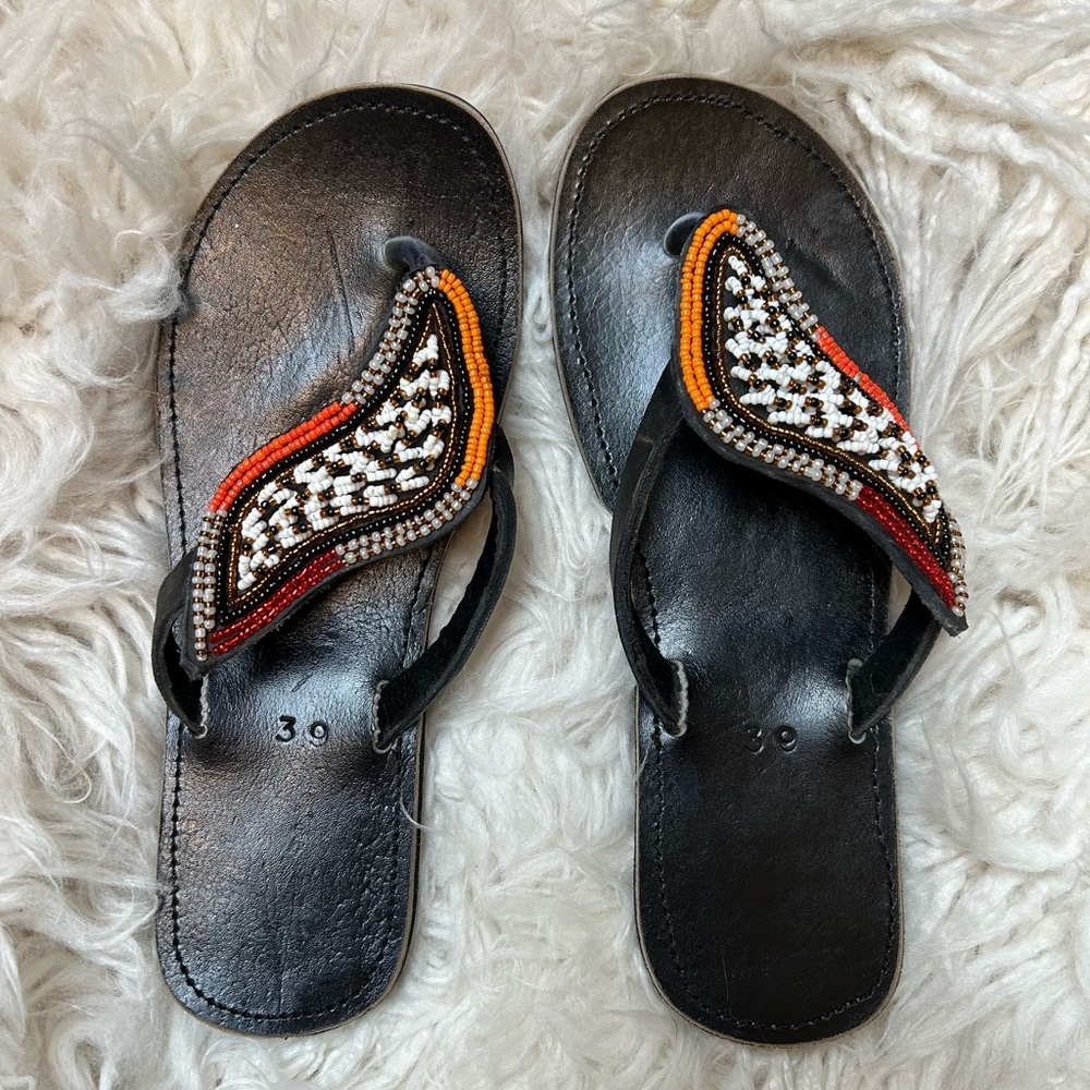 Black Beaded Women's Flip Flop Sandals - Orange & Red Accents